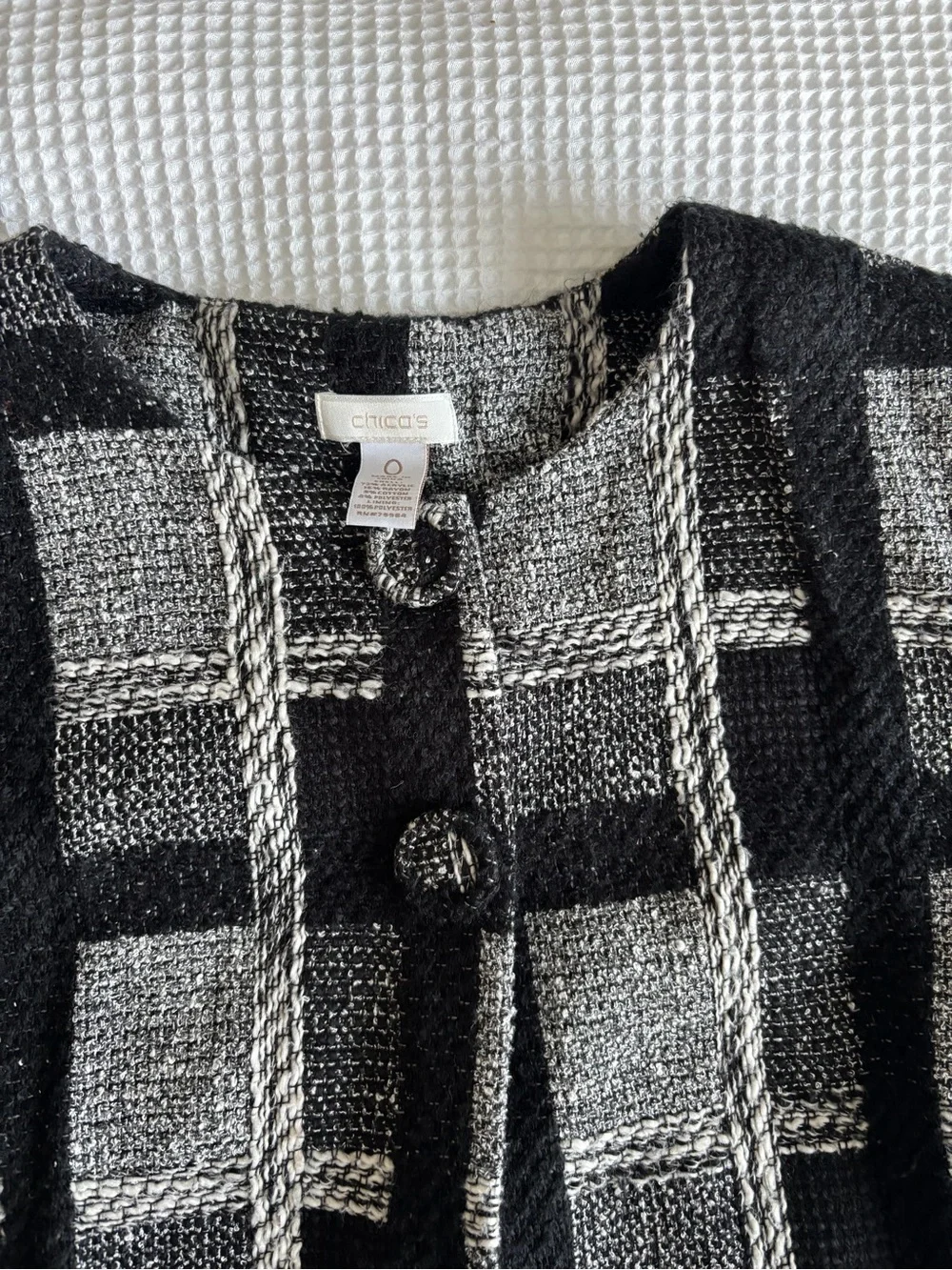 Chico's Black and White Tweed Plaid Button Jacket